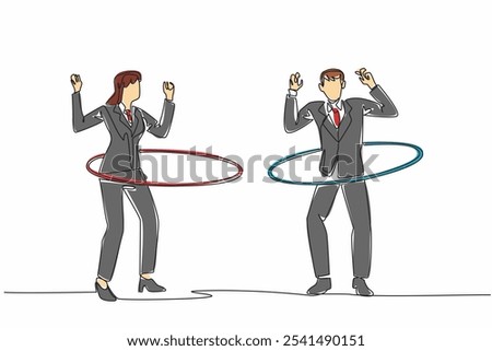 Single one line drawing businessman and businesswoman playing hula hoop. Ignore the piling work. Laze around playing in the office. National Goof Off Day. Continuous line design graphic illustration