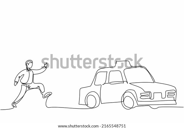 Single one line drawing businessman run\
chasing try to catch taxi cab. Hurry running to get a car, yellow\
public passenger vehicle. Business metaphor. Continuous line draw\
design vector\
illustration