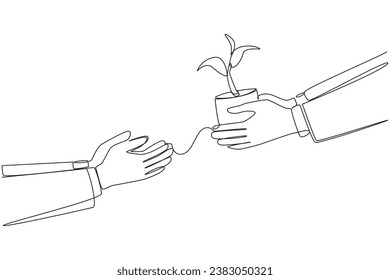 Single one line drawing businessman's hand gives a plant shoot to colleague. Investing shares in a partner's company. Increase capital to develop business. Continuous line design graphic illustration