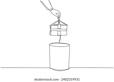 Single one line drawing businessman's hand throwing away a dented gift box. No achievements have been made. Try to adapt stably. Have more enthusiasm. Continuous line design graphic illustration