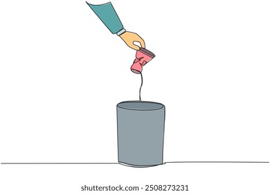 Single one line drawing businessman's hand throws away a crushed paper cup. The correct way to dispose of it. Cannot be misused by irresponsible people. Continuous line design graphic illustration