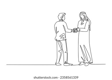 Single one line drawing businessmen handshaking his Arabian business partner. Great teamwork. Business project deal cooperation concept. Modern continuous line draw design graphic vector illustration