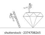 Single one line drawing businesswoman kicks rival who climbing the diamond with a ladder. Knocking rival down from achieving a glorious position together. Continuous line design graphic illustration