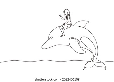 Single one line drawing businesswoman riding dolphin symbol of success. Business metaphor concept, looking at the goal, achievement, leadership. Continuous line draw design graphic vector illustration