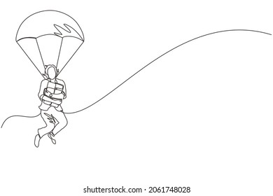 Single one line drawing businesswoman holding briefcase and jumping with parachute. Business people skydiver risk danger and safety concept. Continuous line draw design graphic vector illustration
