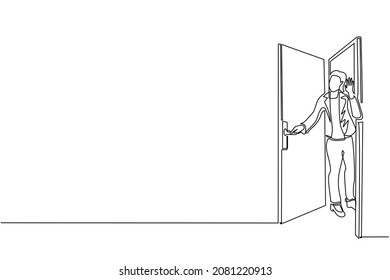 Single one line drawing businesswoman looking from behind open door. Woman peeking of door and wave hands. Cheerful female standing in doorway. Continuous line draw design graphic vector illustration