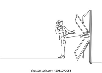 Single one line drawing businesswoman kicks the door until door shattered. Woman kicking locked door and destroy. Business concept of overcoming obstacles. Continuous line draw design graphic vector