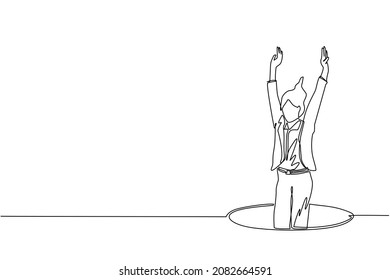 Single one line drawing businesswoman fell into manhole underground sewer. Woman fell sewer hatch. Depressed and business failure concept. Metaphor. Defeat. Continuous line draw design graphic vector