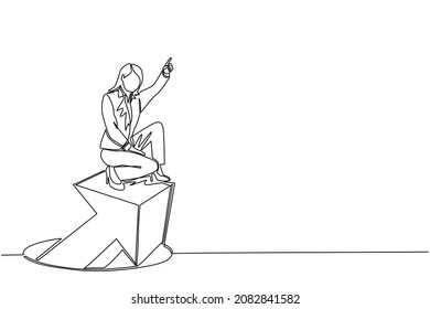 Single one line drawing businesswoman standing on arrows coming out of holes. Woman leading financial graph rising from hole. Business growth concept. Modern continuous line draw design graphic vector