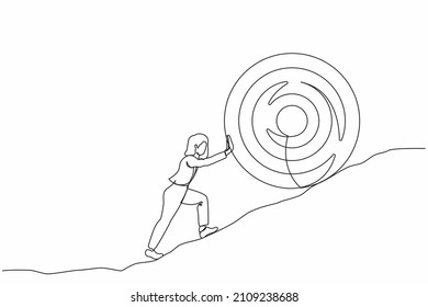 Single one line drawing businesswoman push up big target to mountain. Salary woman pushing giant target upwards so very difficult. Goal too big can be difficult. Continuous line design graphic vector