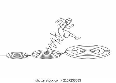 Single one line drawing businesswoman jumping on bigger target, successfully. Advancement in career or business growth concept. Aspiration and motivation. Continuous line draw design graphic vector