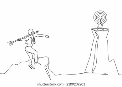 Single one line drawing businesswoman standing on peak of cliff targeting dartboard with big arrow. Businesswoman aiming target on cliff. Success business metaphor. Continuous line draw design vector