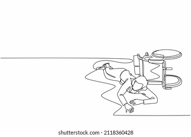 Single one line drawing businesswoman fell off wheelchair sitting on floor. Disabled female patient accident falling down and crawling for help in hospital room. Continuous line design graphic vector