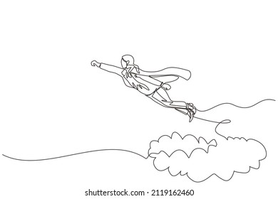 Single one line drawing businesswoman superhero flies up and leaves cloud of dust. Super worker in cloak takes off. Power and uniqueness business concept. Continuous line draw design graphic vector