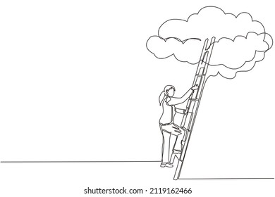 Single one line drawing businesswoman climbing up career ladder to cloud. Successful rising business development. Professional growth promotion. Continuous line draw design graphic vector illustration