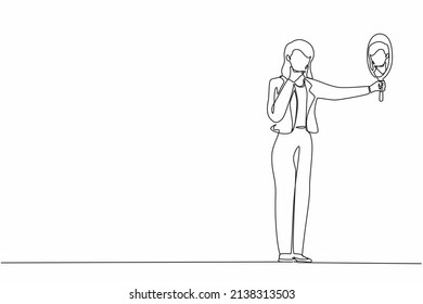 Single one line drawing businesswoman holding hand mirror. Female manager with hand mirror. Woman looking at herself in mirror. Narcissism and reflection concept. Continuous line draw design vector