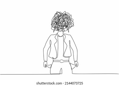 Single one line drawing businesswoman with round scribbles instead of a head. Worker with pockets turned outward, having no money. Broke person. Continuous line draw design graphic vector illustration
