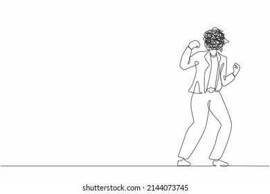 Single one line drawing businesswoman with round scribbles instead of a head. Angry annoyed worker with clenched fists. Aggressive mood, toxic communication. Continuous line draw design graphic vector