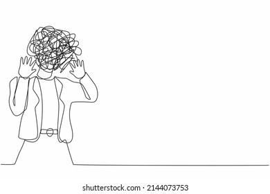 Single one line drawing businesswoman with round scribbles instead of head. Woman shocked, afraid, scared, terrified, fear expression. Stop gesture with palm hands. Continuous line draw design vector
