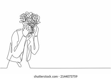 Single one line drawing businesswoman with round scribbles instead of head. Distressed worker hand on head gesture have overwork. Woman suffer headache, workload. Continuous line design graphic vector