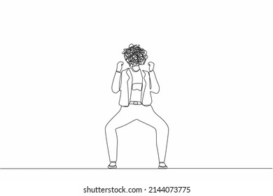 Single one line drawing businesswoman with round scribbles instead of head. Angry woman raised fist gesture. Expresses negative emotions, feelings, desperately. Continuous line design graphic vector
