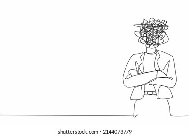 Single one line drawing businesswoman with round scribbles instead of head. Executive manager in keeping arms crossed. Female standing with folded arms pose. Continuous line draw design graphic vector