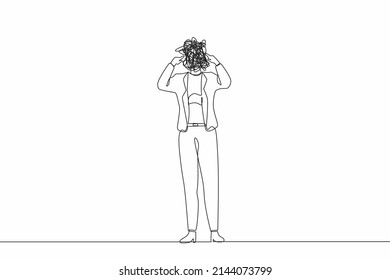 Single one line drawing businesswoman with round scribbles instead of head. Female manager covering her ears with fingers. Person closing or plugging for loud noise. Continuous line draw design vector