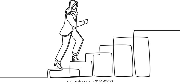 Single one line drawing of businesswoman walk up on the rectangular graph. Success business growth strategy minimal concept. Modern continuous line draw design graphic vector illustration.