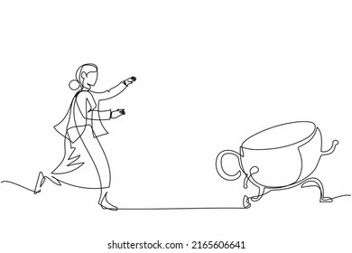 Single one line drawing businesswoman run chasing try to catch coffee cup. Concept of thirsty, drink, taking, time, speaking. Business metaphor. Continuous line draw design graphic vector illustration