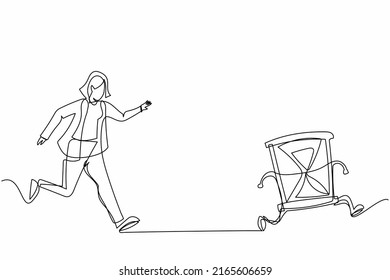 Single one line drawing businesswoman run chasing try to catch hourglass. Concept of stress, angry, burnout, deadlines, depression. Business metaphor. Continuous line draw design vector illustration