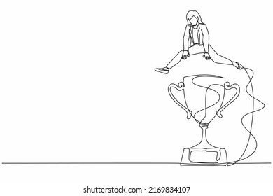 Single one line drawing businesswoman jumping over big trophy. Celebrate work achievement, success or victory. Challenge or succeed in business competition. Continuous line design vector illustration