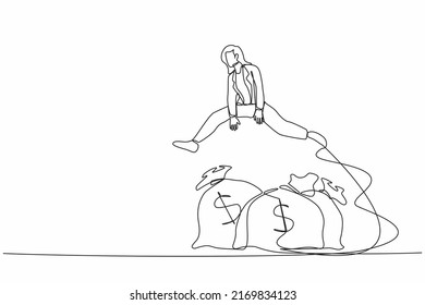 Single one line drawing businesswoman jump over money bag. Stimulus budget for starting company. Business loan or capital funding, money help in crisis. Continuous line draw design vector illustration