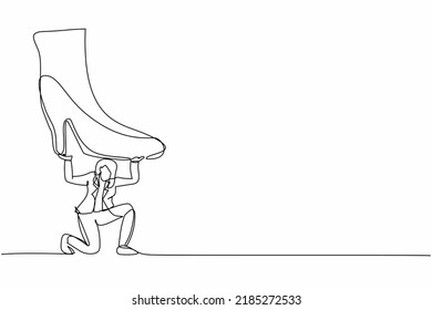 Single One Line Drawing Businesswoman Under Giant Foot Stomping. Violence Of Dictator Toward Tiny Woman, Big Shoes Crush Business People. Modern Continuous Line Draw Design Graphic Vector Illustration