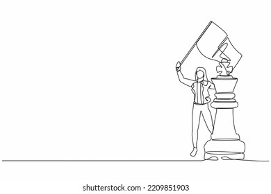 Single one line drawing businesswoman waving flag on king chess piece metaphor of win competition. Tactical advantage, successful entrepreneurship tactics. Continuous line design vector illustration