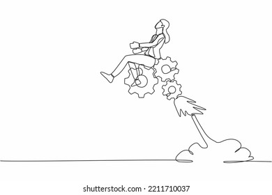 Single one line drawing businesswoman riding gear rocket flying in the sky. Challenge to win higher target. Effort and ambition to reach goal. Continuous line draw design graphic vector illustration
