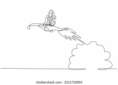 Single one line drawing businesswoman riding magic carpet rocket flying in the sky. Launch new textile business. Acceleration or increase sales growth. Continuous line draw design vector illustration