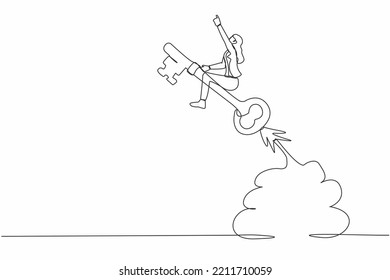 Single one line drawing of businesswoman riding key rocket flying in the sky. Leadership or motivation to find opportunity. Discover success keyhole. Continuous line design graphic vector illustration