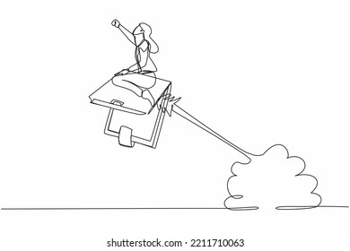 Single one line drawing businesswoman riding wallet rocket flying in the sky. Launch new digital wallet startup. Business financial activities. Continuous line draw design graphic vector illustration