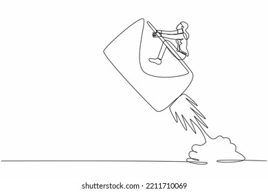Single one line drawing businesswoman riding paper envelope rocket flying in sky. Social media business project. Digital message development program. Continuous line graphic design vector illustration