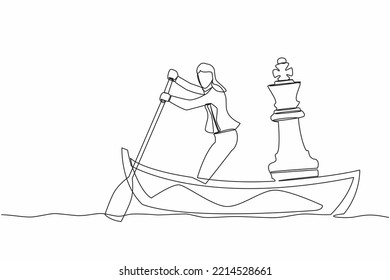 Single one line drawing businesswoman sailing away on boat with chess king piece. Company strategy or tactical move to winning business competition. Continuous line design graphic vector illustration