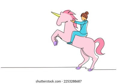 Single one line drawing businesswoman riding unicorn symbol of success. Business startup concept, looking at the goal, achievement, leadership. Continuous line draw design graphic vector illustration