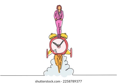 Single one line drawing businesswoman riding alarm clock rocket ship and fire  clouds  Time  watch  limited offer  deadline symbol  Time to work  Countdown shuttle  Continuous line draw design vector