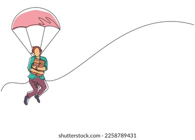 Single one line drawing businesswoman holding briefcase and jumping with parachute. Business people skydiver risk danger and safety concept. Continuous line draw design graphic vector illustration