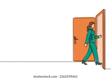 Single one line drawing businesswoman enters the room through the door. Woman walking to opened door. Starting new day at office. Business concept. Continuous line draw design vector illustration