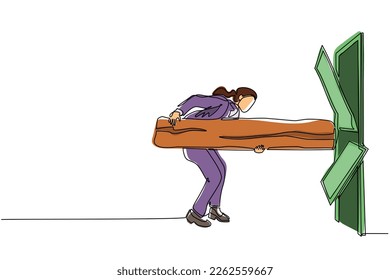 Single one line drawing businesswoman holding large log and destroying door. Overcome challenges, and destroying obstacles with power and brute force. Modern continuous line draw design graphic vector