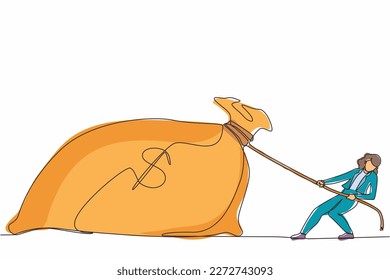 Single one line drawing businesswoman is struggling to pull big bag of money because it is too heavy. Corporate competition or business challenge. Continuous line design graphic vector illustration