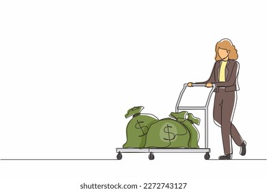 Una sola línea dibujando a una empresaria empujando el carro con bolsas de dinero. Concepto de recompensa o ganancia. Mujer empleada con sueldo. El inversor lleva dinero a la empresa de inicio. Vector gráfico de diseño de trazos de línea continua