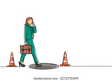 Single one line drawing businesswoman talking on cell phone and she does not see the hole in front. Woman walks to business trap. Metaphor. Modern continuous line design graphic vector illustration