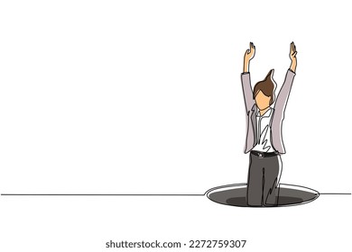 Single one line drawing businesswoman fell into manhole underground sewer. Woman fell sewer hatch. Depressed and business failure concept. Metaphor. Defeat. Continuous line draw design graphic vector