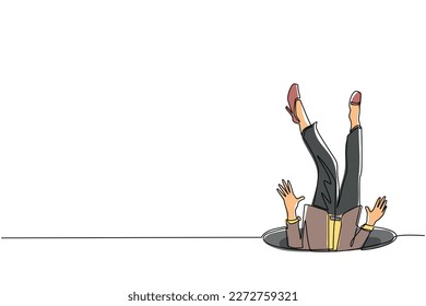 Single one line drawing businesswoman falling into pit hole. Legs up. Logo protruding legs from the hatch, puddles. Metaphor. Failure. Defeat. Continuous line draw design graphic vector illustration